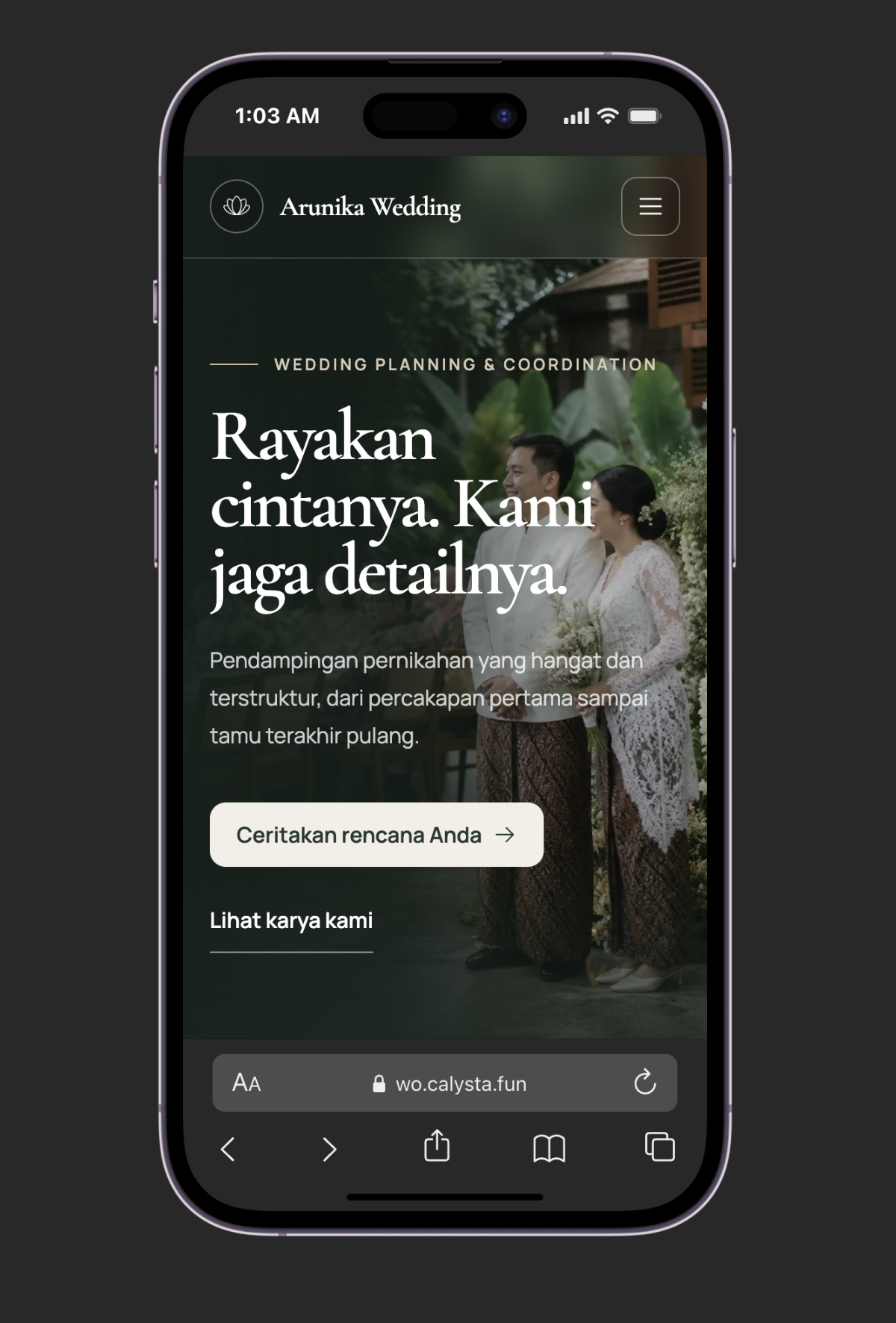 Tampilan situs Arunika Wedding Organizer