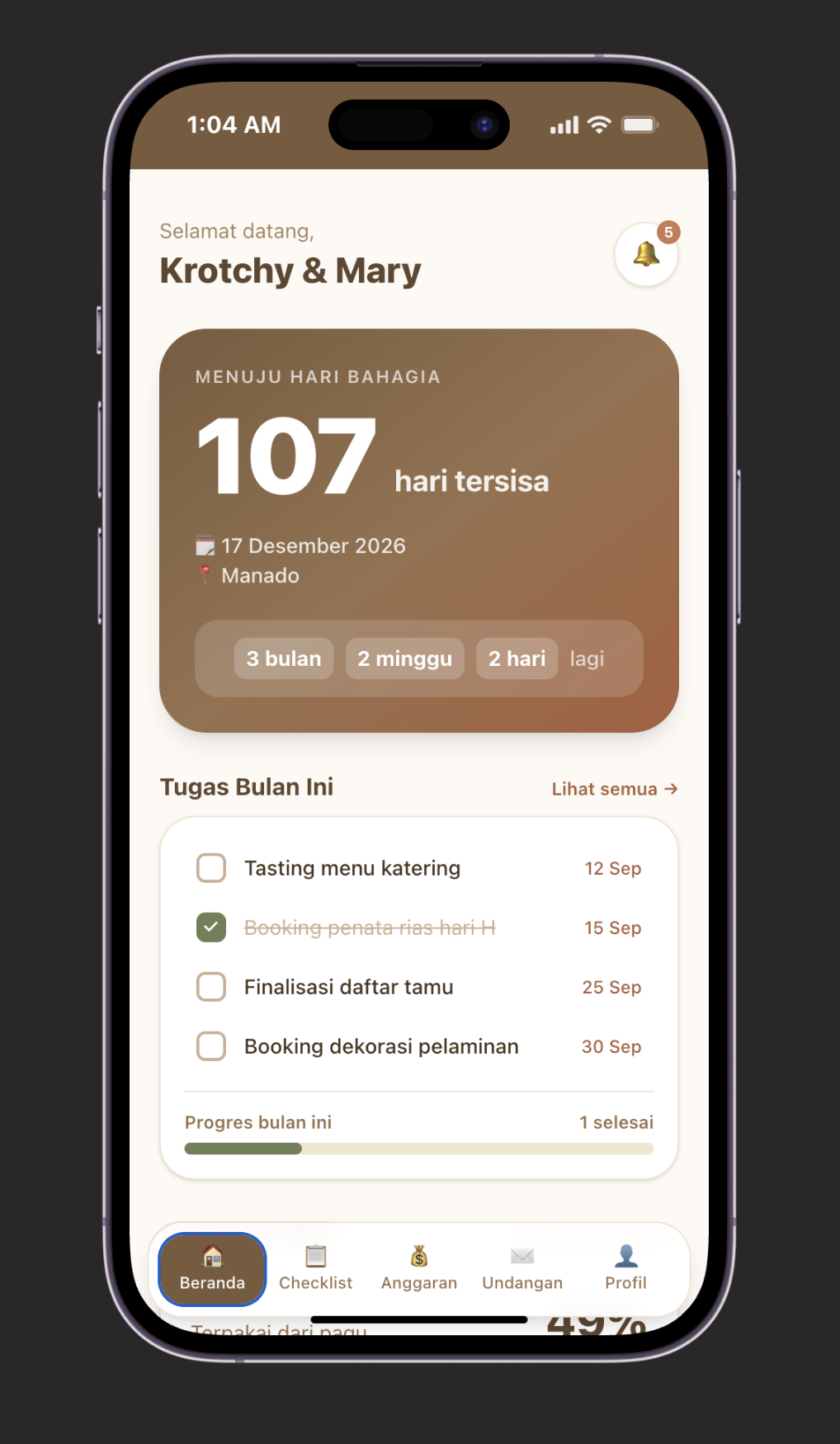 Tampilan aplikasi Temora Wedding Planner